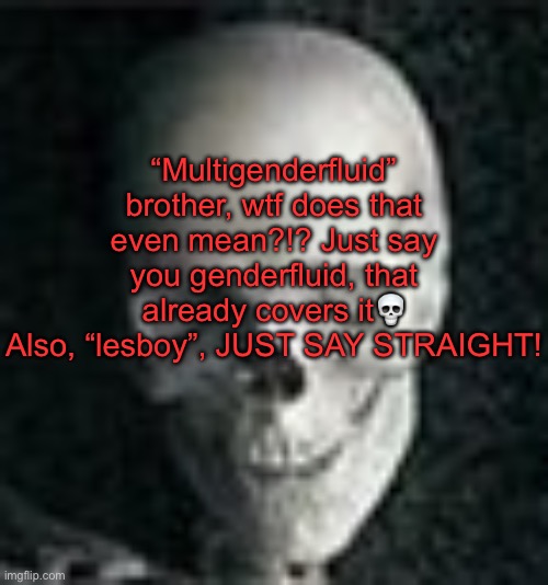 The term “sapphic” means attracted to women, at that point, JUST USE THAT | “Multigenderfluid” brother, wtf does that even mean?!? Just say you genderfluid, that already covers it💀
Also, “lesboy”, JUST SAY STRAIGHT! | image tagged in skull | made w/ Imgflip meme maker