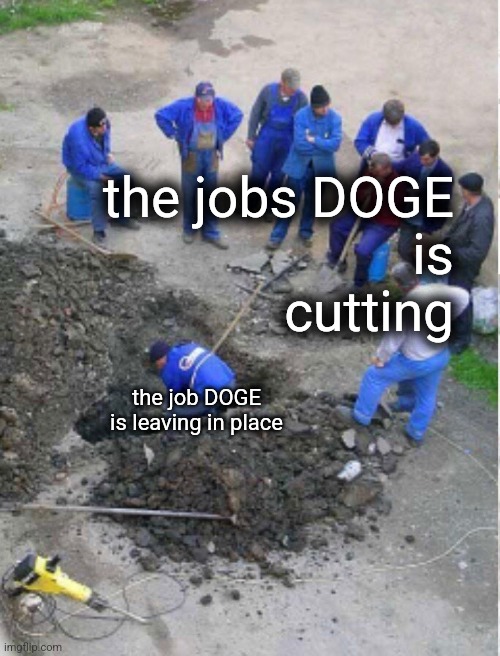 a visual guide | the jobs DOGE
is
cutting; the job DOGE is leaving in place | image tagged in construction workers observing,doge | made w/ Imgflip meme maker