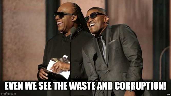 Ray Charles & Stevie Wonder | EVEN WE SEE THE WASTE AND CORRUPTION! | image tagged in ray charles stevie wonder | made w/ Imgflip meme maker