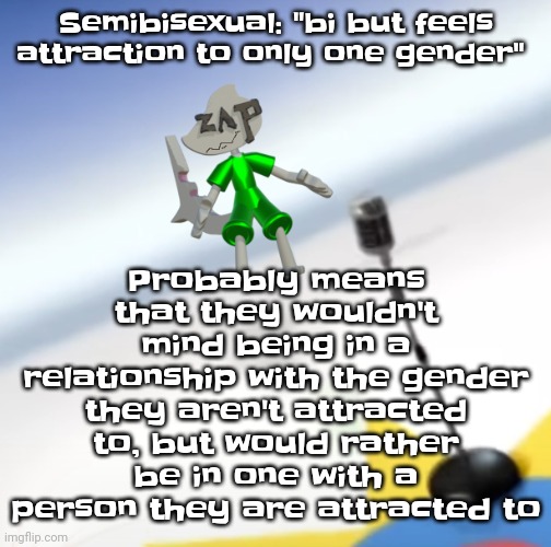 Like the "oh I don't have the heart to reject somebody" type | Probably means that they wouldn't mind being in a relationship with the gender they aren't attracted to, but would rather be in one with a person they are attracted to; Semibisexual: "bi but feels attraction to only one gender" | image tagged in oh i'm a gummy bear | made w/ Imgflip meme maker
