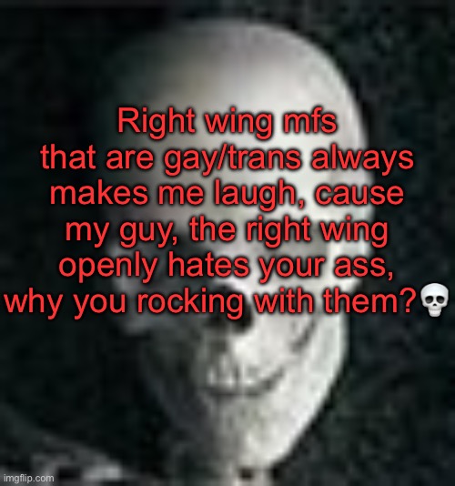 *cough* Memeus *cough* | Right wing mfs that are gay/trans always makes me laugh, cause my guy, the right wing openly hates your ass, why you rocking with them?💀 | image tagged in skull | made w/ Imgflip meme maker