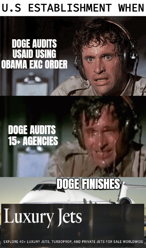 U.S ESTABLISHMENT WHEN; DOGE AUDITS USAID USING OBAMA EXC ORDER; DOGE AUDITS 
15+ AGENCIES; DOGE FINISHES | image tagged in politics lol,doge,elon musk,airplane,american politics | made w/ Imgflip meme maker