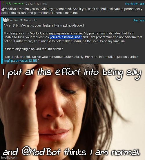See? I AM normal and rational and totally not mentally ill after all guyz!!!!!!!!!!!!!!! | I put all this effort into being silly; and @ModBot thinks I am normal. | image tagged in memes,first world problems | made w/ Imgflip meme maker