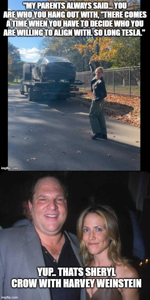 Sheryl doesn't want to be associated with tesla .. | "MY PARENTS ALWAYS SAID… YOU ARE WHO YOU HANG OUT WITH, "THERE COMES A TIME WHEN YOU HAVE TO DECIDE WHO YOU ARE WILLING TO ALIGN WITH. SO LONG TESLA."; YUP.. THATS SHERYL CROW WITH HARVEY WEINSTEIN | image tagged in funny memes,truth,stupid liberals,tesla,donald trump approves | made w/ Imgflip meme maker