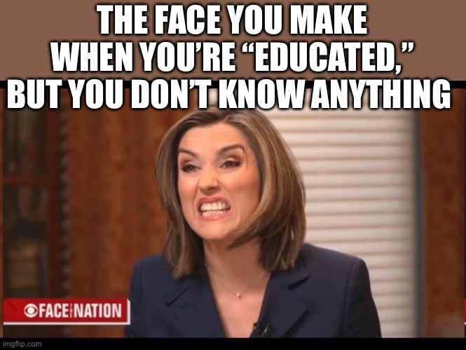 Educated | THE FACE YOU MAKE WHEN YOU’RE “EDUCATED,” BUT YOU DON’T KNOW ANYTHING | image tagged in margaret brennan,politics,political meme,media | made w/ Imgflip meme maker