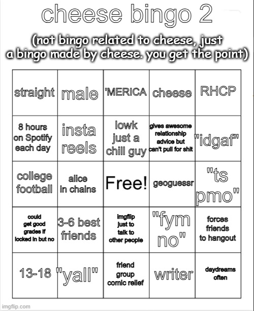 temp-cheese bingo 2 | cheese bingo 2; (not bingo related to cheese, just a bingo made by cheese. you get the point); 'MERICA; male; RHCP; straight; cheese; lowk just a chill guy; 8 hours on Spotify each day; "idgaf"; gives awesome relationship advice but can't pull for shit; insta reels; college football; geoguessr; "ts pmo"; alice in chains; could get good grades if locked in but no; 3-6 best friends; forces friends to hangout; "fym no"; imgflip just to talk to other people; "yall"; daydreams often; 13-18; friend group comic relief; writer | made w/ Imgflip meme maker