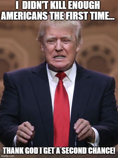 Donald Trump | I  DIDN'T KILL ENOUGH AMERICANS THE FIRST TIME... THANK GOD I GET A SECOND CHANCE! | image tagged in donald trump | made w/ Imgflip meme maker