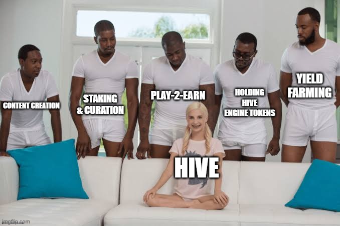 Five Ways to Earn on Hive | YIELD FARMING; HOLDING HIVE ENGINE TOKENS; PLAY-2-EARN; STAKING & CURATION; CONTENT CREATION; HIVE | image tagged in one girl five guys | made w/ Imgflip meme maker