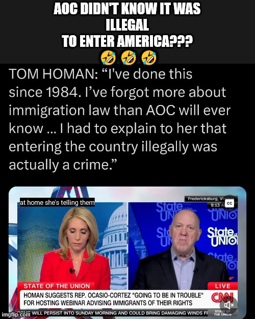 AOC showing off more stupidity | AOC DIDN'T KNOW IT WAS
ILLEGAL
TO ENTER AMERICA???
 🤣🤣🤣 | image tagged in aoc,one stupid dem | made w/ Imgflip meme maker