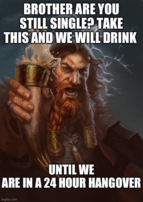 Beer Viking | BROTHER ARE YOU STILL SINGLE? TAKE THIS AND WE WILL DRINK; UNTIL WE ARE IN A 24 HOUR HANGOVER | image tagged in beer viking | made w/ Imgflip meme maker