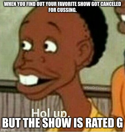 hold up meme i made | WHEN YOU FIND OUT YOUR FAVORITE SHOW GOT CANCELED
FOR CUSSING. BUT THE SHOW IS RATED G | image tagged in hol up | made w/ Imgflip meme maker