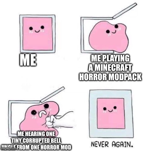 Never again | ME; ME PLAYING A MINECRAFT HORROR MODPACK; ME HEARING ONE TINY CORRUPTED BELL JINGLE FROM ONE HORROR MOD | image tagged in never again,minecraft,horror,why are you reading the tags,aaaaaaaaaaaaaaaaaaaaaaaaaaa | made w/ Imgflip meme maker