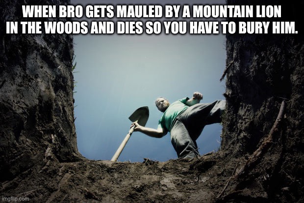 Happens all the time. | WHEN BRO GETS MAULED BY A MOUNTAIN LION IN THE WOODS AND DIES SO YOU HAVE TO BURY HIM. | image tagged in buried,wtf,incendiary bomb,mountain lion,animals,nature | made w/ Imgflip meme maker