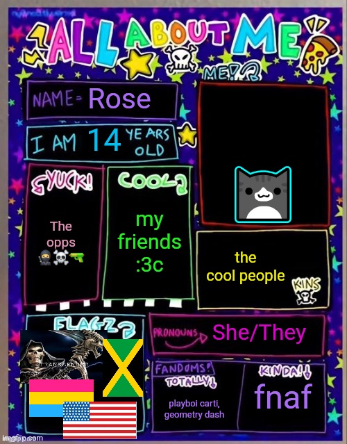 All about me! (Og temp by Jade) | Rose; 14; my friends :3c; The opps 🥷☠️🔫; the cool people; She/They; fnaf; playboi carti, geometry dash | image tagged in all about me og temp by jade | made w/ Imgflip meme maker