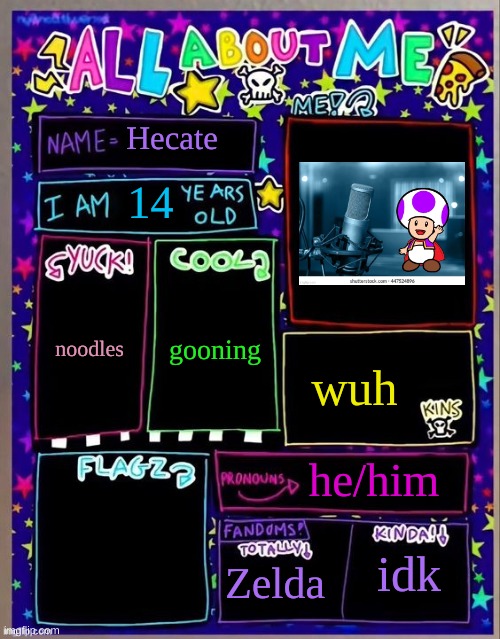 All about me! (Og temp by Jade) | Hecate; 14; gooning; noodles; wuh; he/him; Zelda; idk | image tagged in all about me og temp by jade | made w/ Imgflip meme maker