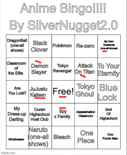 Anime Bingo | image tagged in anime bingo | made w/ Imgflip meme maker