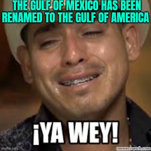 The Gulf Of Mexico Has Been Renamed To The Gulf Of America | THE GULF OF MEXICO HAS BEEN RENAMED TO THE GULF OF AMERICA | image tagged in ya wey,mexico wall,mexico,breaking news,united states,donald trump | made w/ Imgflip meme maker