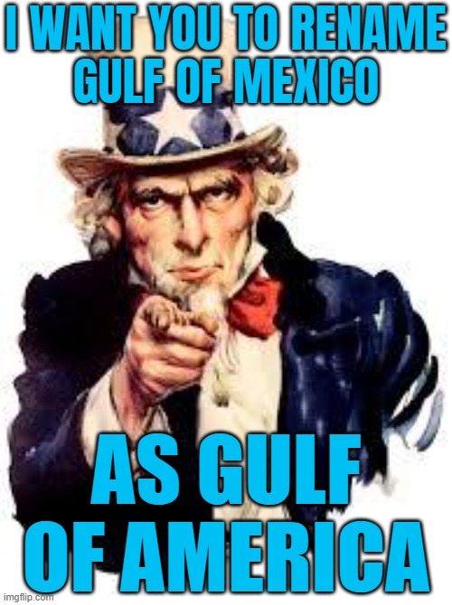 I Want You To Rename Gulf Of Mexico As Gulf Of America | I WANT YOU TO RENAME
GULF OF MEXICO; AS GULF
OF AMERICA | image tagged in we want you,donald trump,breaking news,mainstream media,biased media,mexico | made w/ Imgflip meme maker