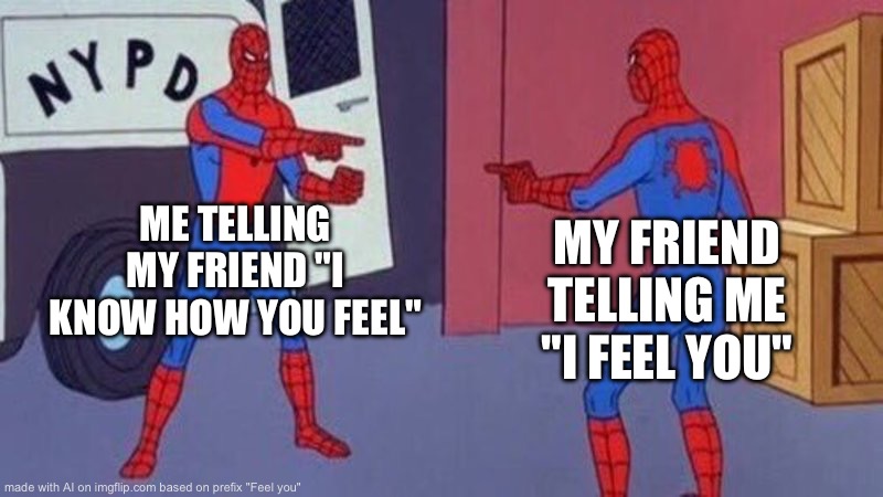 spiderman pointing at spiderman | ME TELLING MY FRIEND "I KNOW HOW YOU FEEL"; MY FRIEND TELLING ME "I FEEL YOU" | image tagged in spiderman pointing at spiderman | made w/ Imgflip meme maker