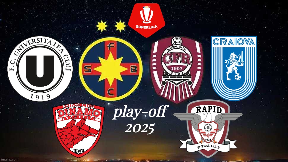 Play-Off SuperLiga Romaniei 2025 poster | play-off 2025 | image tagged in playoffs,superliga,fcsb,cfr,craiova,romania | made w/ Imgflip meme maker