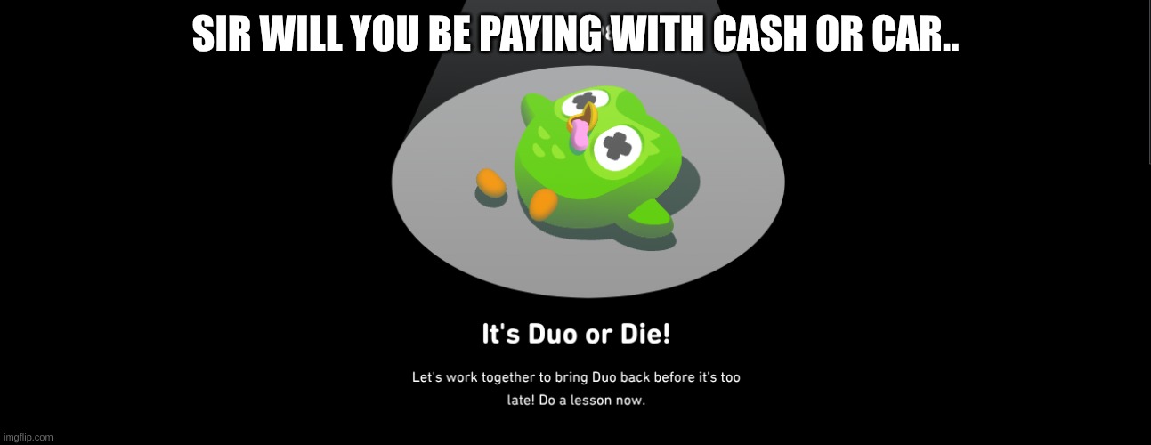 UH OH. | SIR WILL YOU BE PAYING WITH CASH OR CAR.. | image tagged in duolingo,dead,tesla,cybertruck | made w/ Imgflip meme maker