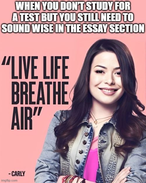 test | WHEN YOU DON’T STUDY FOR A TEST BUT YOU STILL NEED TO SOUND WISE IN THE ESSAY SECTION | image tagged in memes,icarly | made w/ Imgflip meme maker