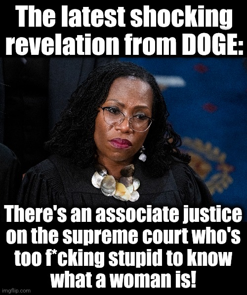 Actually, I found that, but I'm giving Elon the credit for it | The latest shocking
revelation from DOGE:; There's an associate justice
on the supreme court who's
too f*cking stupid to know
what a woman is! | image tagged in memes,ketanji brown jackson,supreme court,democrats,woman,diversity hire | made w/ Imgflip meme maker