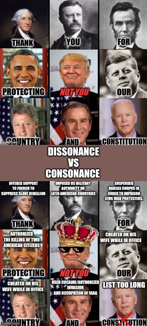 The latest they-them meme getting reposted by every they-them user and all of they-them's alt accounts. | DISSONANCE
VS
CONSONANCE | image tagged in presidents,cognitive dissonance,leftist,liberal,democrat,nonsense | made w/ Imgflip meme maker