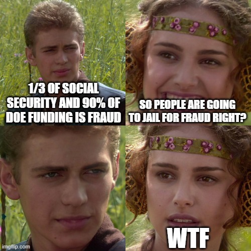 Anakin Padme 4 Panel | 1/3 OF SOCIAL SECURITY AND 90% OF DOE FUNDING IS FRAUD; SO PEOPLE ARE GOING TO JAIL FOR FRAUD RIGHT? WTF | image tagged in anakin padme 4 panel | made w/ Imgflip meme maker