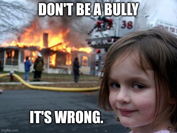 Disaster Girl Meme | DON'T BE A BULLY IT'S WRONG. | image tagged in memes,disaster girl | made w/ Imgflip meme maker