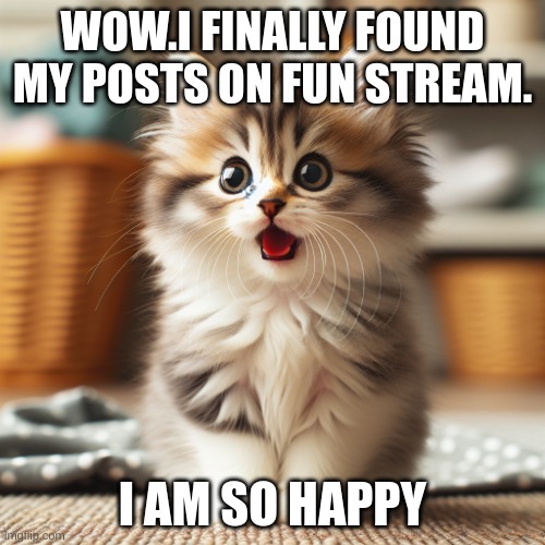 kitten jaw drop | WOW.I FINALLY FOUND MY POSTS ON FUN STREAM. I AM SO HAPPY | image tagged in kitten jaw drop | made w/ Imgflip meme maker