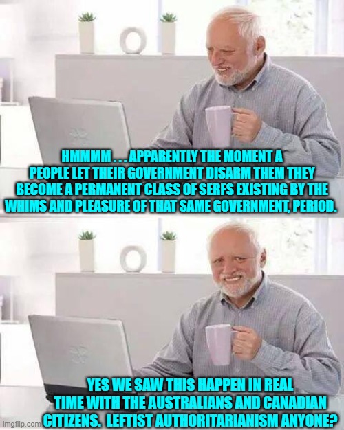 Citizens need reminding of this from time to time. | HMMMM . . . APPARENTLY THE MOMENT A PEOPLE LET THEIR GOVERNMENT DISARM THEM THEY BECOME A PERMANENT CLASS OF SERFS EXISTING BY THE WHIMS AND PLEASURE OF THAT SAME GOVERNMENT, PERIOD. YES WE SAW THIS HAPPEN IN REAL TIME WITH THE AUSTRALIANS AND CANADIAN CITIZENS.  LEFTIST AUTHORITARIANISM ANYONE? | image tagged in hide the pain harold | made w/ Imgflip meme maker