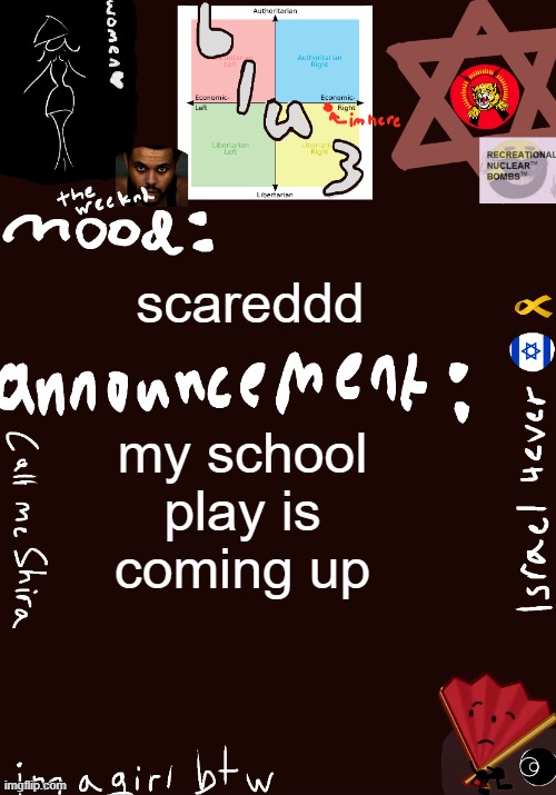 im terrified lmao | scareddd; my school play is coming up | image tagged in blu3 s shira temp | made w/ Imgflip meme maker