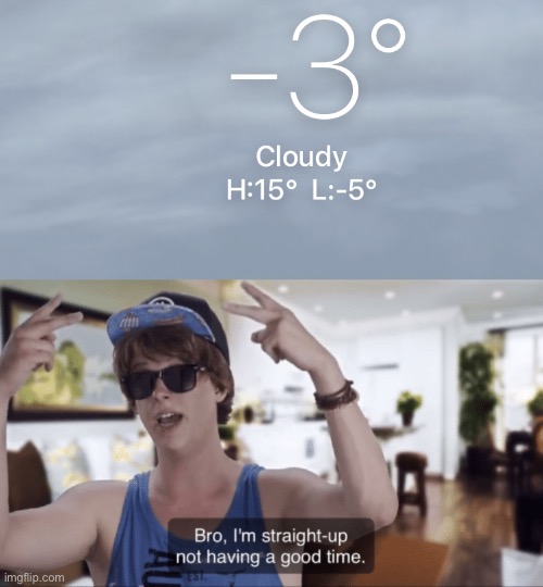 Get me out of this icebox | image tagged in bro i'm straight-up not having a good time | made w/ Imgflip meme maker