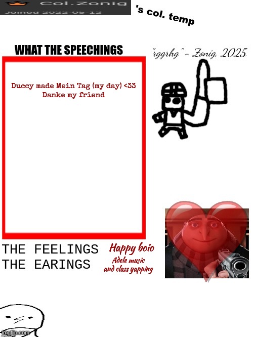 Duccy made Mein Tag (my day) <33
Danke my friend; Happy boio; Adele music and class yapping | image tagged in col zonig's col temp rgh | made w/ Imgflip meme maker