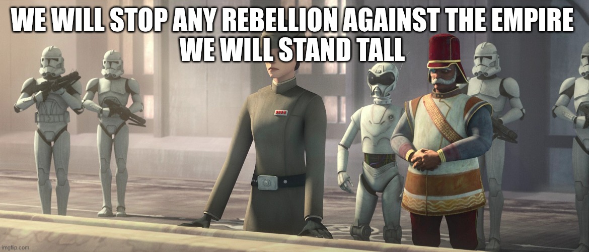 captain bragg | WE WILL STOP ANY REBELLION AGAINST THE EMPIRE 
WE WILL STAND TALL | image tagged in captain bragg | made w/ Imgflip meme maker