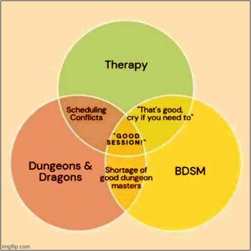 'Good Session' Venn Diagram | image tagged in venn diagram,therapy,dungeons and dragons,bdsm,dark humour | made w/ Imgflip meme maker