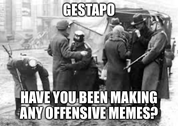 Gestapo | GESTAPO; HAVE YOU BEEN MAKING ANY OFFENSIVE MEMES? | image tagged in gestapo | made w/ Imgflip meme maker