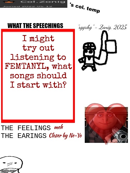 I might try out listening to FEMTANYL, what songs should I start with? meh; Closer by Ne-Yo | image tagged in col zonig's col temp rgh | made w/ Imgflip meme maker