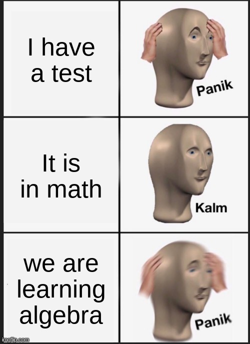 OH NO- | I have a test; It is in math; we are learning algebra | image tagged in memes,panik kalm panik,school,math class | made w/ Imgflip meme maker