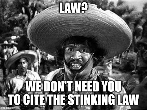 Badges | LAW? WE DON'T NEED YOU TO CITE THE STINKING LAW | image tagged in badges | made w/ Imgflip meme maker