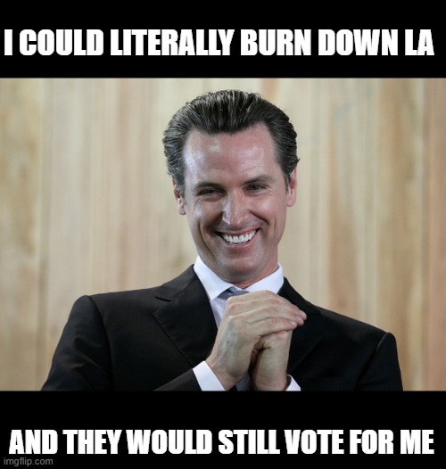 Scheming Gavin Newsom  | I COULD LITERALLY BURN DOWN LA AND THEY WOULD STILL VOTE FOR ME | image tagged in scheming gavin newsom | made w/ Imgflip meme maker