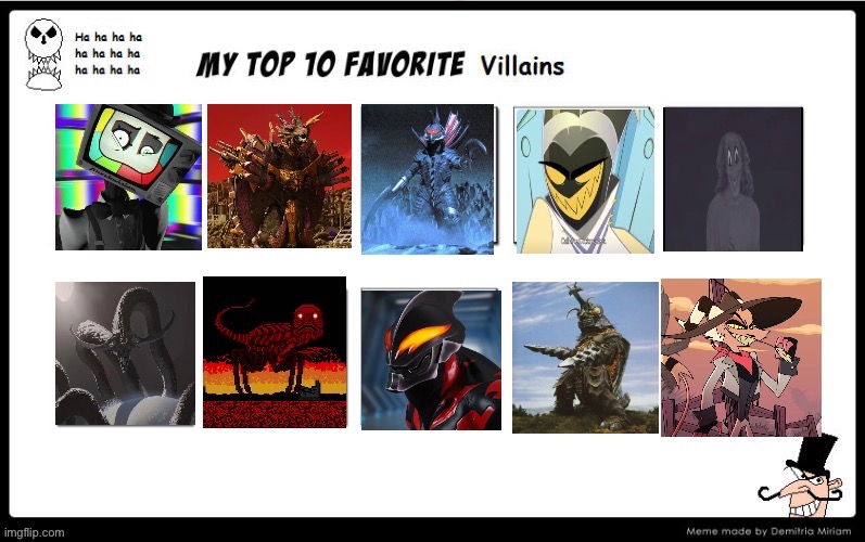 Best Villains | image tagged in top 10,villains,hazbin hotel,godzilla,ultraman,mandela effect | made w/ Imgflip meme maker