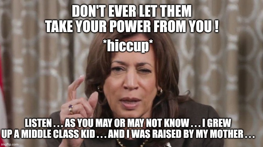 Drunk Kamala Wisdom | DON'T EVER LET THEM TAKE YOUR POWER FROM YOU ! *hiccup* LISTEN . . . AS YOU MAY OR MAY NOT KNOW . . . I GREW UP A MIDDLE CLASS KID . . . AND | image tagged in drunk kamala wisdom | made w/ Imgflip meme maker