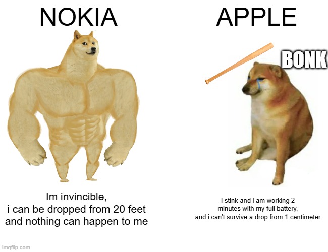 Buff Doge vs. Cheems | NOKIA; APPLE; BONK; Im invincible,
i can be dropped from 20 feet and nothing can happen to me; I stink and i am working 2 minutes with my full battery,
and i can't survive a drop from 1 centimeter | image tagged in memes,buff doge vs cheems | made w/ Imgflip meme maker