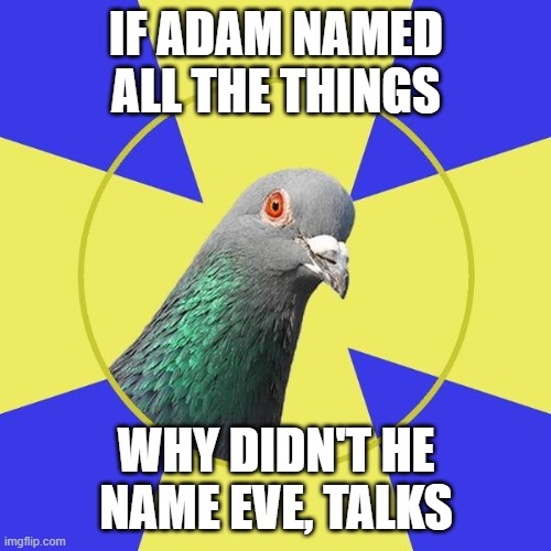 Meme by BoundenDenizen | IF ADAM NAMED ALL THE THINGS; WHY DIDN'T HE NAME EVE, TALKS | image tagged in religion pigeon,meme,eve,name,tuesday,______ | made w/ Imgflip meme maker