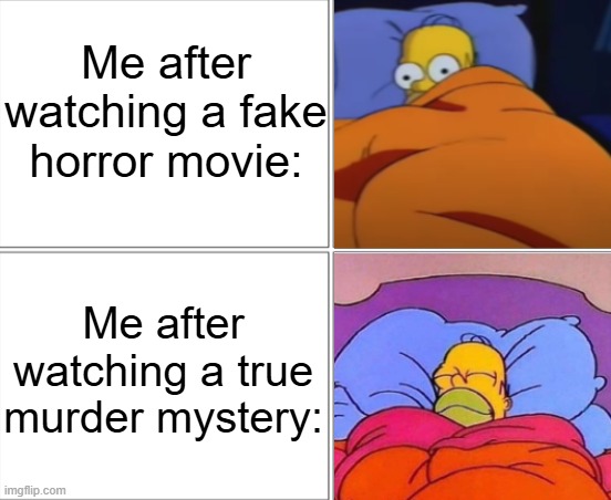 Homer Simpson sleeping | Me after watching a fake horror movie:; Me after watching a true murder mystery: | image tagged in homer simpson sleeping | made w/ Imgflip meme maker