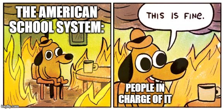 I've been to 6 different schools and I can say they all suck | THE AMERICAN SCHOOL SYSTEM:; PEOPLE IN CHARGE OF IT | image tagged in memes,school,relatable | made w/ Imgflip meme maker