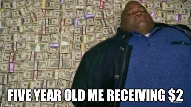 huell money | FIVE YEAR OLD ME RECEIVING $2 | image tagged in huell money | made w/ Imgflip meme maker