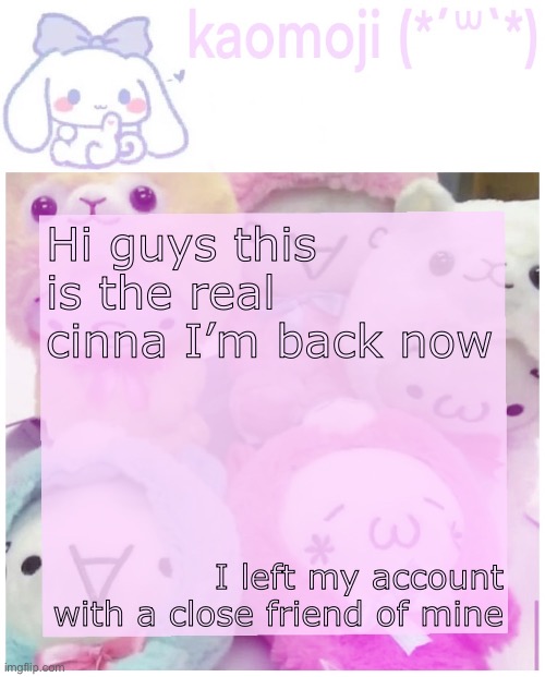 I changed the password too | Hi guys this is the real cinna I’m back now; I left my account with a close friend of mine | image tagged in kaomoji | made w/ Imgflip meme maker